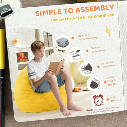 2FT Bean Bag Chair, Comfy Bean Bag Chairs with Memory Foam Filled, Fluffy Beanbag Sofa with Dutch Velvet Cover, Teardrop BeanBag Chairs for Living Room, Playroom - Lemon