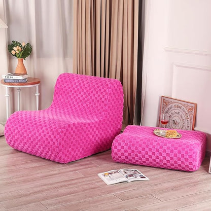 Accent Bean Bag Chair with Footstool, Modern Lazy Sofa Chair with Comfy Jacquard Shaggy Plush, Pink