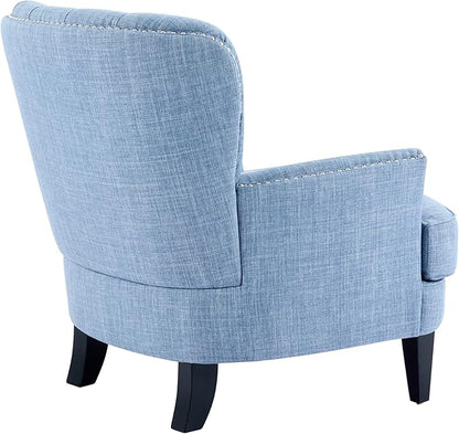 Ball & Cast Accent Chair,Mid-Century Lounge Living Room Chairs with Button Tufting,Upholstered Reading Accent Chair W/Solid Wood Legs and Curved Backrest,for Bedroom,Apartment,Light Blue