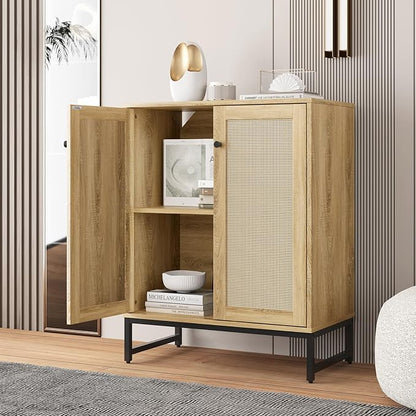 Sideboard Buffet Cabinet, Storage Cabinet with Double Rattan Doors, Modern Rattan Sideboard Cabinet, Kitchen Storage Cabinet with Metal Feet, for Entryway, Bedroom, Living Room (Natural Wood)