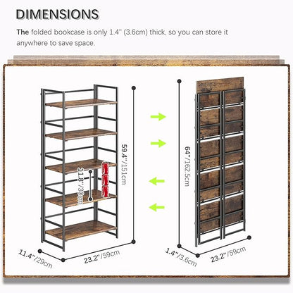 4NM No Assembly 5 Tiers Book Shelves, Black Folding Bookshelf Bookcase Open Industrial Foldable Shelves for Bedroom, Living Room, Home Office - Rustic Brown Black