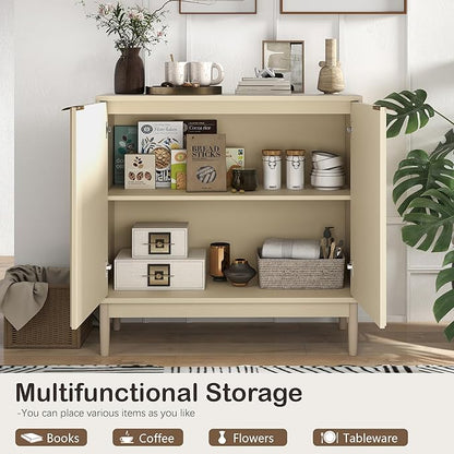 Fluted Cabinet with Storage, Buffet Cabinet Sideborad with Door, Kitchen Buffet Storage Accent Cabinets with Adjustable Shelves for Living Room, Entry, Hallway, Beige