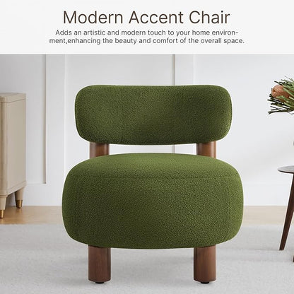 Modern Boucle Accent Chair Set of 2, with Plush Faux Sherpa Upholstery, Curved Backrest, Solid Wood Legs for Living Room Bedroom Reading Nook, 27.5", Green