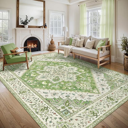 Tangsoo 5x7 Area Rug Washable Rug for Living Room, Vintage Indoor Non Slip Large Area Rugs, Print Distressed Green Carpet, Soft Low Pile Foldable Floor for Bedroom Dining Room Dorm