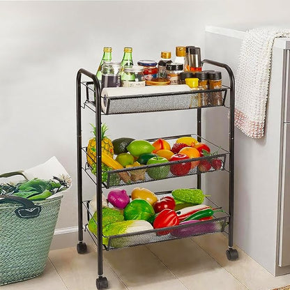 3 Tier Rolling Cart, Mesh Wire Utility Carts, Metal Storage Shelf with Wheels & 4 Side Hooks, for Laundry Room Organization, Kitchen, Living Room, Bathroom, Pantry, Dorm & Under Desk Storage