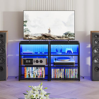 HOOBRO 4-Tier AV Media Stand with Charging Station and LED Light, Wooden Stereo Cabinet, Corner TV Stand, Rack Audio Tower, Corner Entertainment Center, Black BB107UDCJ01