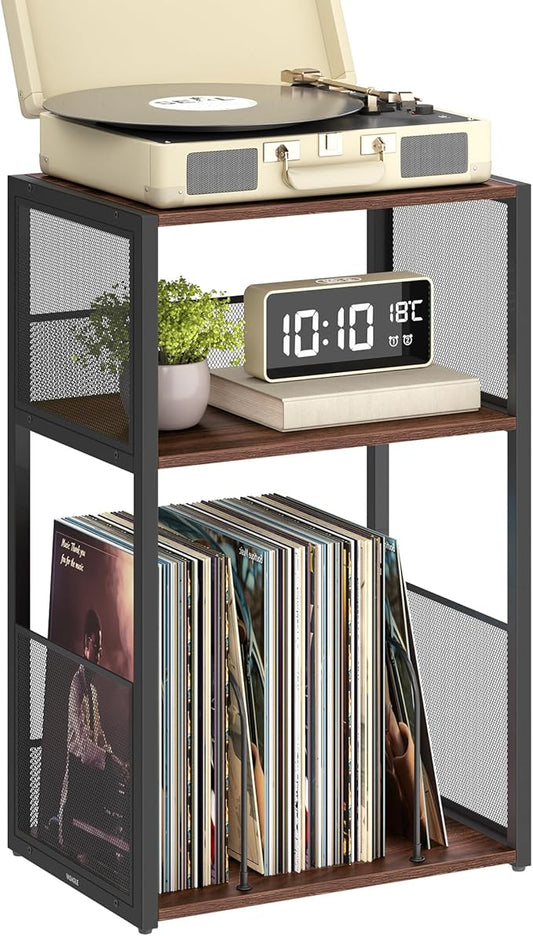 VASAGLE Record Player Stand, 3-Tier Side Table, Vinyl Record Storage up to 100 Albums, End Table for Living Room, Bedroom, Natural Walnut ULET275K02