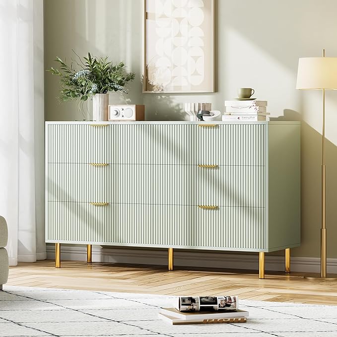 Green Dresser, Modern 6 Drawer Dresser for Bedroom with Gold Handle and Large Drawer, Wood Double Chest of Drawers and Storage Organizer for Living Room, Hallway, Entryway