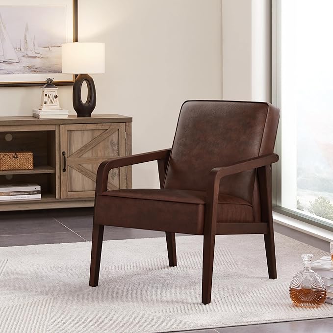 Yaheetech PU Leather Accent Chair, Mid-Century Modern Barrel Chair with Wooden Frame and Soft Thick Padded for Living Room Bedroom Home Office, Dark Brown