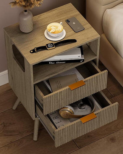 Grey Nightstand,Modern Bedside Table with 2 Storage Drawer and Open Wood Shelf, for Bedroom and Small Spaces,Night Stand with Solid Wood Legs,Grey Oak