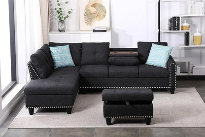 Ball & Cast 98" L Shaped Sectional Couch for Living Room with Chaise & Storage Ottoman,4 Seat Linen Upholstered Modular Sectional Sofa Set 3 PCS W/Cup Holders & Coffee Table,for Home,Office,Charcoal