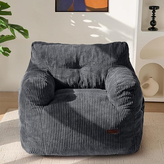 MAXYOYO Bean Bag Chair, Tufted Bean Bag Couch Lazy Chair, Living Room Sofa Couch with Filler for Adult Teens Kids, Corded Fabric Accent Sofa for Bedroom Dorm, Dark Grey
