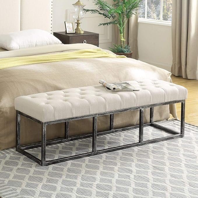 24KF Upholstered Tufted Long Bench Seats with Metal Frame Leg, Linen Bench Ottoman with Padded Seat-Ivory