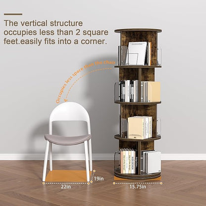 VECELO 4 Tier Revolving Bookshelf Tower, 360° Display Floor Standing Storage Rack with Acrylic Visible Window Partition for Bedroom, Living Room Home and Office, Brown