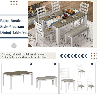 Ball & Cast 6 Piece Dining Table Set with 4 Upholstered Chairs & 1 Bench,Wooden Living Room Furniture W/ 60" Rectangle Kitchen Desk,for Restaurant,Home Bistro,Brown+White Wash