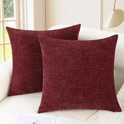 CaliTime Throw Pillow Covers Decorative 20 X 20 Inches Pack of 2 Cozy Chenille Cushion Cases for Couch Sofa Bed Living Room Home Burgundy