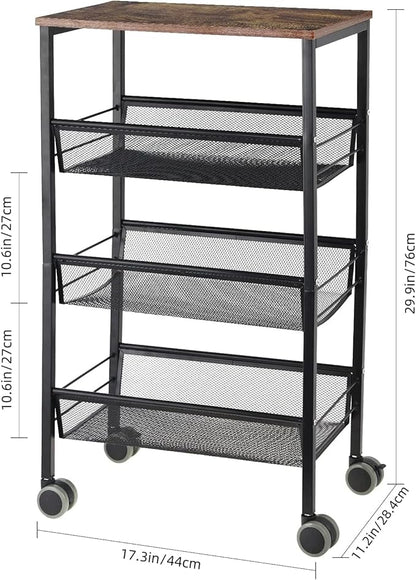 LIANTRAL Rustic Kitchen Storage Cart, 4 Tier Kitchen Cart on Wheels, Metal Mesh Storage Pantry Cart with Lockable Wheels, Wood Look Top and Metal Frame.