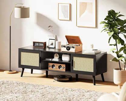 SUPERJARE TV Stand for 65 Inch TV, Entertainment Center with Adjustable Shelf, Rattan TV Console with 2 Cabinets, Media Console, Solid Wood Feet, 4 Cord Holes, for Living Room, Black-8750B