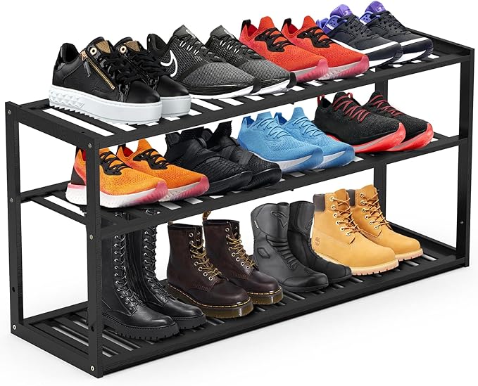 Bamboo Shoe Rack for Closet, Stackable 3 Tier Longer Shoe Organizer Shelf Holder Storage 12-15 Pairs for Entryway Door Hallway Bedroom Garage Space Saving Foldable Black