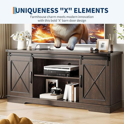 GarveeHome Farmhouse TV Stand for TV up to 65 Inches and Entertainment Center with Sliding Barn Doors and Adjustable Shelf, Tv Media Console Table with Storage Cabinet for Living Room, Bedroom, Brown