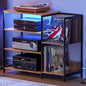 Large Record Player Stand Table with vinyl record holder, AV Media Stand With Charging Station & USB Ports, Stereo Cabinet Stand with Led Strip Light, Sturdy, Adjustable Feet, Rustic, Large Capacity