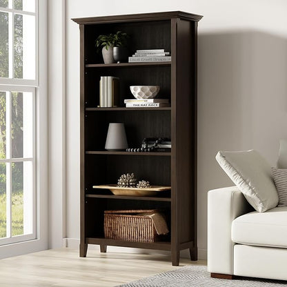 SIMPLIHOME Amherst Bookcase - 70 inch Tall 5-Shelf Solid Wood Bookshelf in Hickory Brown, Transitional Storage for Living Room, Study Room or Office with Adjustable Shelves and Tapered Legs