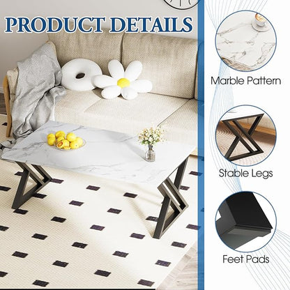 Coffee Table White Living Room Center Table, Simple Modern Faux Marble Rectangular Tea Table with Sturdy Black Metal Frame,Industrial Wooden Coffee Table for Bedroom Home Office