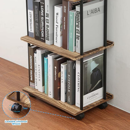 GETALL Tall Bookshelf with Wheels, 5 Tier Solid Wood Bookcase for Small Spaces, Corner Bookshelf Storage Organizer for CDs, Movies, Narrow Movable Shelfing Unit for Bedroom, Living Room