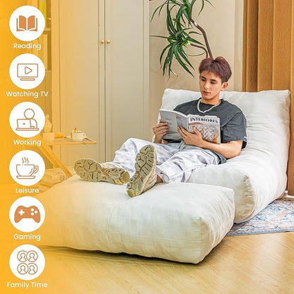 Bean Bag Chair with Ottoman, Comfy Bean Bag Sofa with Memory Foam, Lazy BeanBag Sofa with Footstool, Fireside Bean Bag Couch for Living Room, Bedroom, Apartment