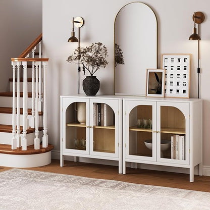 Nathan James Mason Wood Storage Cabinet Accent Sideboard Buffet Credenza TV Stand with Glass Doors and Adjustable Shelf for Dining Room, Entryway or Living Room, Clear Glass/White/Light Oak, Set of 2
