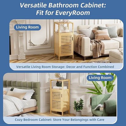 HITNET Bathroom Cabinet Freestanding, Small Bamboo Floor Cabinet, 4 Tier Single Door Sofa Side Table Storage Organizer, Space Saving Kitchen Cupboard, Natural