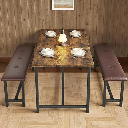 Garvee Dining Table with 2 Benches, Kitchen Table with 2 Upholstered Benches Rectangular Space Saving for Apartment, Dining Room, Kitchen, 44.5 Inches Large, Rustic Brown