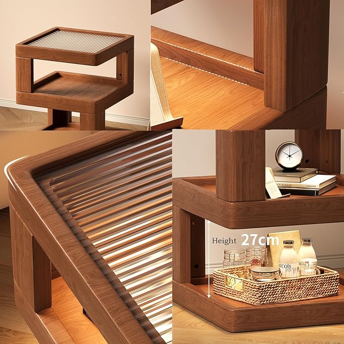 Solid Wood Nightstand,End Tables Bedroom Small Shelf Modern Nightstand Wood Side Table (GLASS-21.3 * 13.8 * 13.8)
