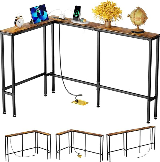 GRLEAF L Shaped Narrow Console Table with Outlet, 70" Sofa Tables Narrow Long, Behind Couch Table, Skinny Entryway Tables with Charging Station,for Living Room,Hallway (Rustic Brown,70IN)