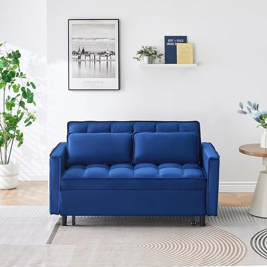Ball & Cast 55" Convertible Sofa Bed,3 in 1 Sleeper Sofa W/Pull-Out Bed,Convertible Pull Out Couch W/2 Pillows,Adjustable Backrest & Side Pocket,Velvet Futon Couches for Living Room,Apartment,Blue