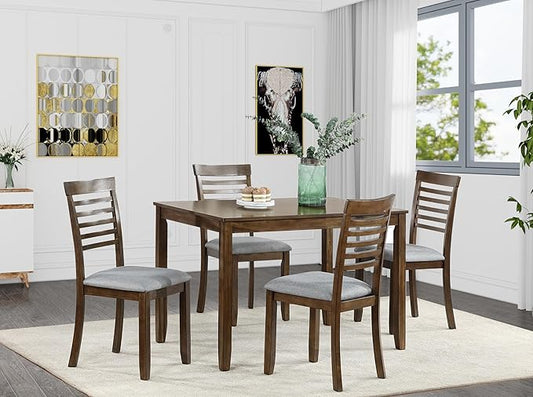 KEIKI 5-Piece Standard Height Dining Table Set with Rectangular Table and 4 Upholstered Ladder Backrset Chair, for 4 Person, Modern Wooden Table Set, Easy Assembly, for Kitchen, Dining Room, Walnut