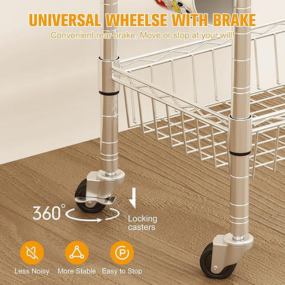 Rolling Kitchen Storage Cart, 3-Tier Storage Rack on Caster Wheels with Adjustable 2 Baskets, Coffee Station Cart Rack Shelf Organizer for Living Room Office, Balcony, Chrome/Silver