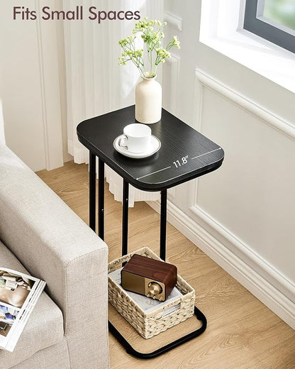 C Shaped End Table, 27 Inches High Small Side Table for Sofa and Bed, Couch Table That Slides Under, Tall Tv Tray Table for Living Room, Bedroom, Metal Frame, Ebony Black