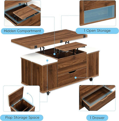 Merax Multi-Functional Lift-Top Coffee Table with Hidden Storage and Stools,Multi-Function Modern Center Table with 4 Stools and Casters,Perfect for Modern Living Spaces, Walnut & White