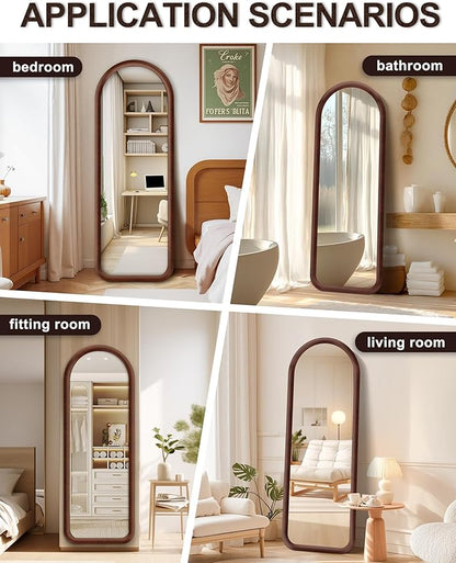 Delma Arched Full Length Mirror, Free Standing Floor Plush Flannel Frame Mirror for Leaning or Hanging, Soft Touch Bedroom & Living Room Decor, Dark Brown