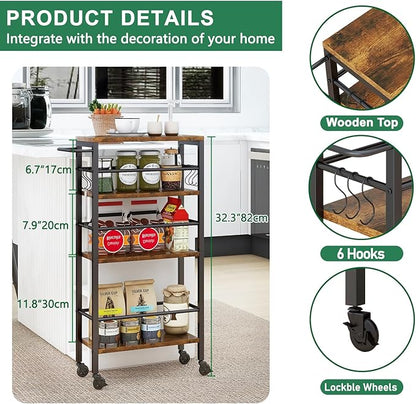IBUYKE 7.8" Slim Rolling Cart,4-Tier Metal Kitchen Storage Cart,Trolley cart on Wheels for Narrow Space,with Handle and Wooden Tabletop,for Kitchen, Dining Room,Laundry Room,Rustic Brown UTMJ065H