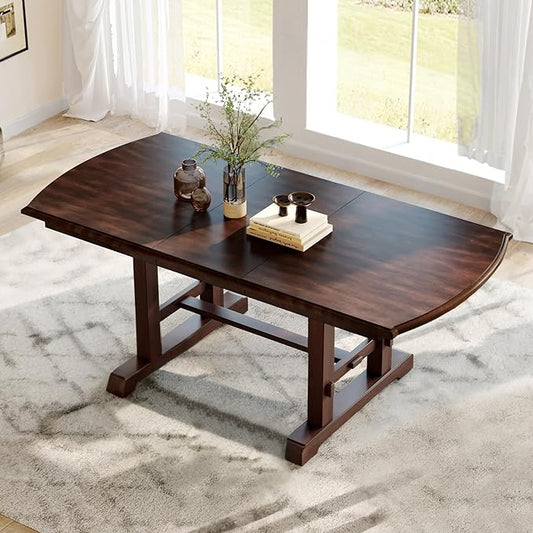 Ball & Cast 60"-78" Extendable Farmhouse Dining-Table for 6-8, Expandable Wooden Kitchen Table with 18" Removable Leaf, Large Retro H-Leg Dining Room Table for 4-8,Space Saving & Sturdy, Cherry