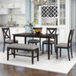 Ball & Cast 6 Piece Dining Table Set with 4 "X-Shaped Curved Backres Fabric Chairs & 1 Bench,Living Room Furniture W/ 60" Rectangle Kitchen Desk,for Restaurant,Home Bistro,Espresso