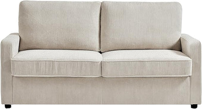 Reversible Sleeper Sofa Bed with Comfortable Memory Foam Mattress, Convertible Corduroy Full Size Pull Out Couch for Living Room, Space Saving Furniture, 70" Wide, Rectangular Arms, Ivory