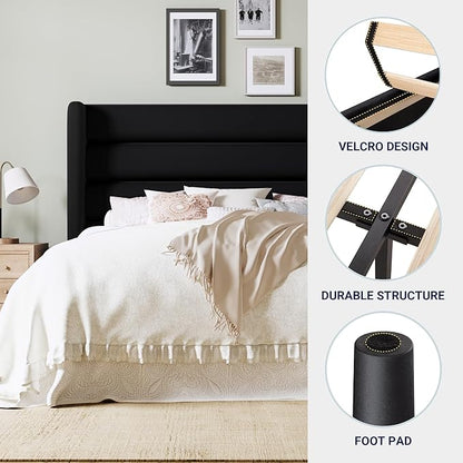 Allewie Full Size Platform Bed Frame with Velvet Upholstered Wingback Headboard, No Box Spring Needed, Under Bed Storage Space, Strong Wooden Slats, Modern Mattress Foundation, Easy Assembly, Black