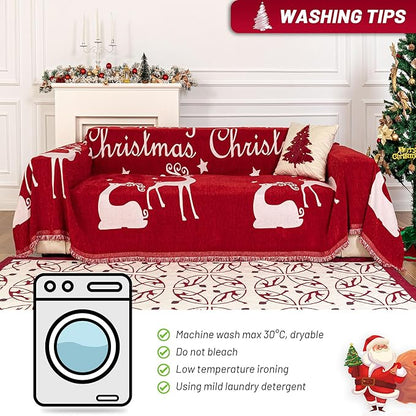 MYSKY HOME Christmas Couch Cover for Sofa Couch Covers for Pets, Non Slip Dogs Furniture Protector with Tassels for Living Room Non Slip Washable Furniture Protector Cover for Pet, Cat, 71"x118", Red