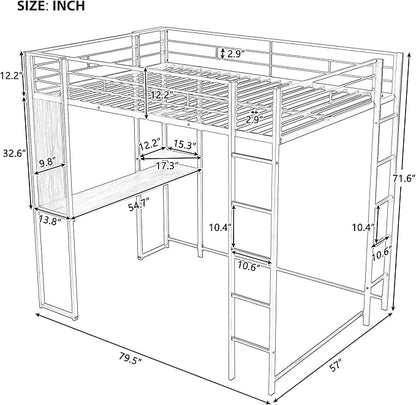 Full Size Metal Loft Bed with 2 Storage Shelves and 1 Desk,Steel Structure Bed Frame W/ 2 Build-in Ladders & Full-Length Guardrails,No Box Spring Needed,for Kids Teens Adults,White