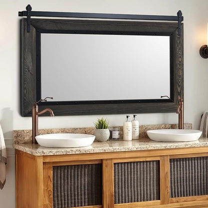 YOSHOOT Farmhouse Barn Door Mirror, 40"x26" Rustic Bathroom Mirror, Wood Frame Wall Mirror, Wooden Mirror for Living Room Bedroom Entryway Wall Décor, Horizontal Hanging ONLY