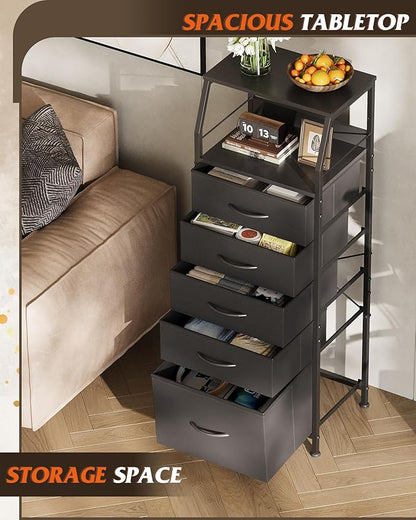 WLIVE Black Fabric Dresser for Bedroom, Tall Nightstand with 5 Drawers & 2 Open Shelves, Modern Night Stand Organizer, Sturdy Steel Frame Bedside Table
