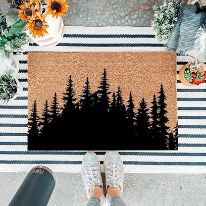 Funny Coir Doormat Tree Line Forest Landscape Front Door Mats Entryway Outdoor Mat with Heavy Duty Front Porch Welcome Mats Entry Natural Coir Brown Prank Novelty Gift Outdoor Mat 23.7x15.7 inch